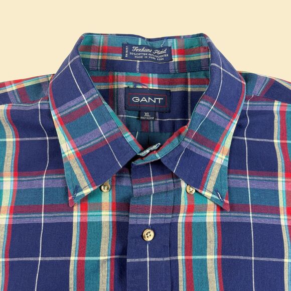 90s XL Gant shirt, vintage blue & teal short sleeve plaid mens button down top - Picture 8 of 10